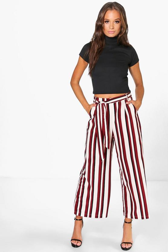 Amera Tie Waist Woven Stripe Wide Leg Crop Trousers